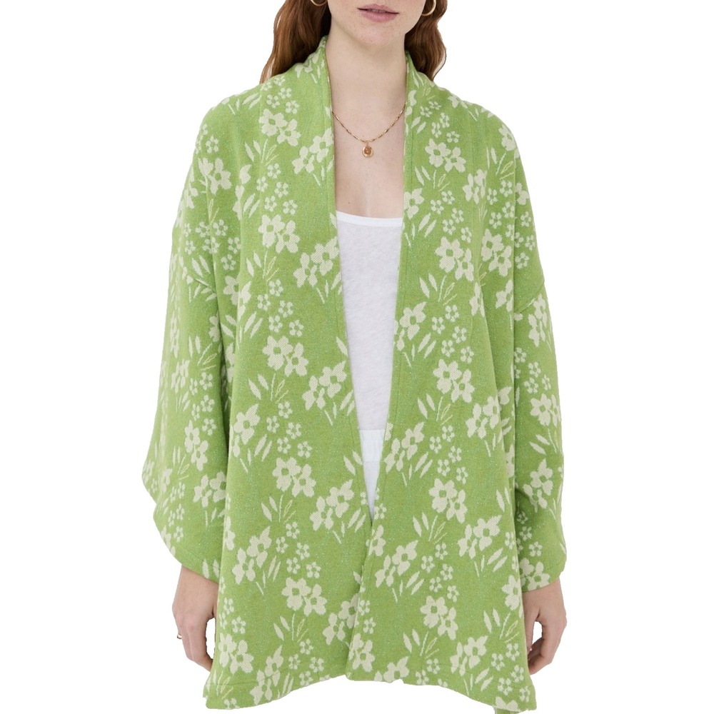 La Vie Style House Green Floral Woven Mini Duster Cardigan Boho One Size Luxury